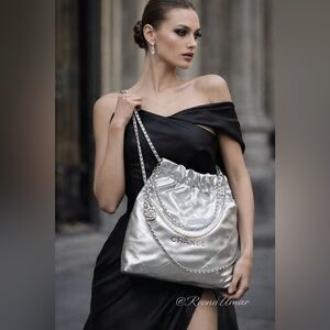 Chanel-Style Silver Quilted Drawstring Shoulder Bag with Pearl Chain